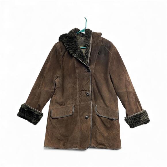 Nuage Jackets & Blazers - Vintage Y2k Nuage Suede Leather Midlength Jacket with Faux fur Hooded S/P